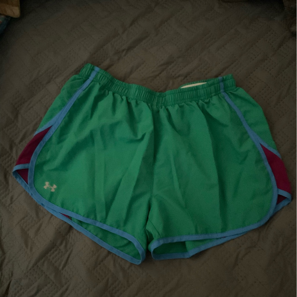 Under Armour Green Athletic Shorts with Blue and Pink Accents